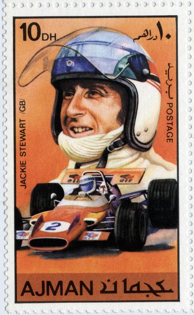 Emirates Arab Units stamp representando o motorista escocês Jackie Stewart (Ne 1939) de School Arabic