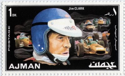 Carimbo das Unidades Árabes dos Emirados Árabes representando o motorista escocês Jim Clark (1936-1968) de School Arabic