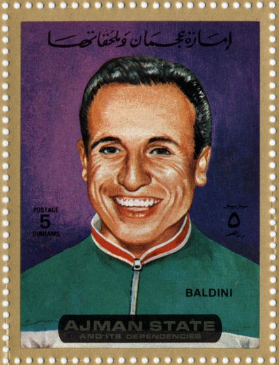 Carimbo dos EAU representando o ciclista Ercole Baldini (Ne 1933) de School Arabic