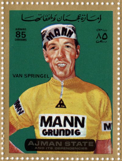 Carimbo dos EAU representando o ciclista Herman Van Springel (Ne 1943). de School Arabic