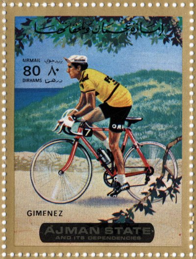 Carimbo dos EAU representando o ciclista Julio Jimenez (Ne 1934) de School Arabic