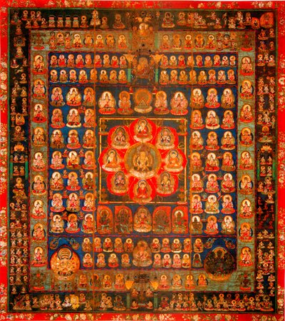 Budismo: mandala taizokai (Garbhadhatu) dito do Mundo da matriz - guache anônimo sobre seda, século VIII-IX Dim 187x164,3 cm To-Ji Kyoto, Japão de School Asian