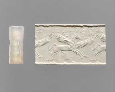 Selo cilíndrico e impressão moderna: cavalo alado com garras e chifres, séc. XIV-XIII a.C. (calcedónia) de School Assyrian