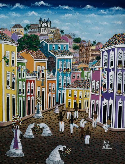 Pintura de arte ingênua retratando cena de rua, Estado da Bahia, Brasil de School Brazilian