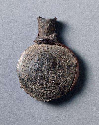 Pilgrim&39;s Ampulla com Scenes of the Crucifixion (front) and the Ascension (back), c.600 (liga de estanho-chumbo com fragmentos de couro) de School Byzantine