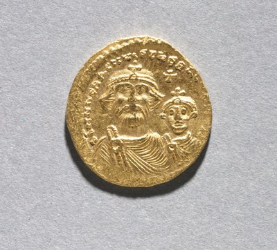 Solidus com Heraclius e seu Filho Heraclius Constantino (anverso), c.616-625 (ouro) (ver CVL 499741 para verso) de School Byzantine