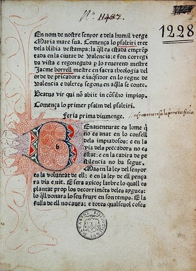 Inc 1228 Psalter of Boniface Ferrer, corrigido por Jaime Borrell, impresso por Nicolaus Spindeler em Barcelona em 1480 (impressão e tinta sobre papel) de School Catalan
