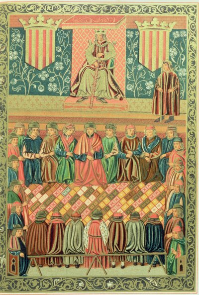 Rei James I o Conquistador que preside as Cortes de Lérida em Março de 1242, a partir de um manuscrito dos 
