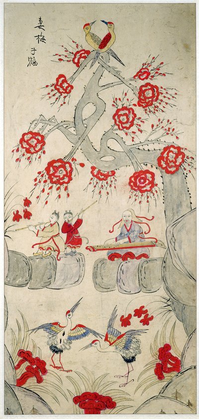 Um painel de uma tela de oito dobras representando histórias famosas da China (pigmentos naturais sobre papel) de School Chinese