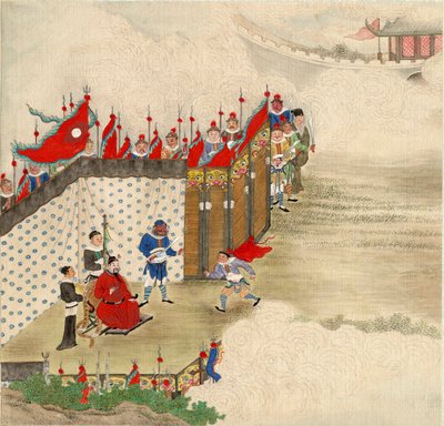 Arte chinesa: um príncipe chinês a receber um mensageiro Detrempe em seda da escola chinesa por volta de 1820 Dim 24,6x23,7 cm Colecção privada de School Chinese