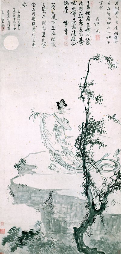 Bela Mulher Apresentando Longevidade (tinta e cor sobre papel) de School Chinese
