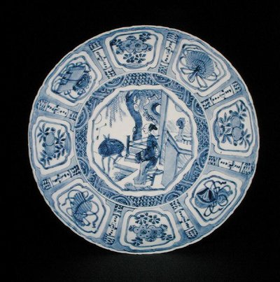 Prato de kraak azul e branco pintado com uma senhora e um veado, Wanli de School Chinese