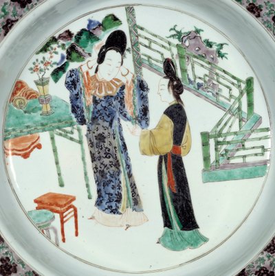 Arte chinesa: "Duas mulheres com estilo elegante" Prato de cerâmica do século XVIII. Paris, Museu Guimet, Museu Nacional de Arte Asiática de School Chinese