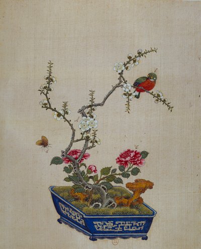 Arte chinesa: flores e pássaros (bonzai). Pintura em seda do século XVIII. Paris, B.N. de School Chinese