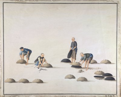 "Fechar as metades do molde e examinar o molde", fabricando ferro fundido na China, c.1820 (aguarela sobre papel) de School Chinese