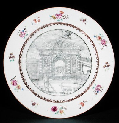 Prato de jantar decorado em grisaille com esmaltes Rose Famille representando Jacob Bobart (1599-1680) com uma cabra e um cão, período Qianlong (1736-95) (porcelana) de School Chinese