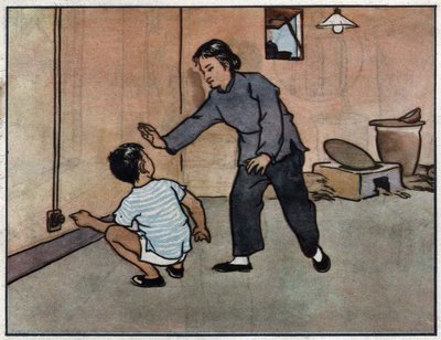 Desenho, mãe a avisar o filho do perigo das tomadas eléctricas. Ilustração, em "How to use electricity safely", China de School Chinese