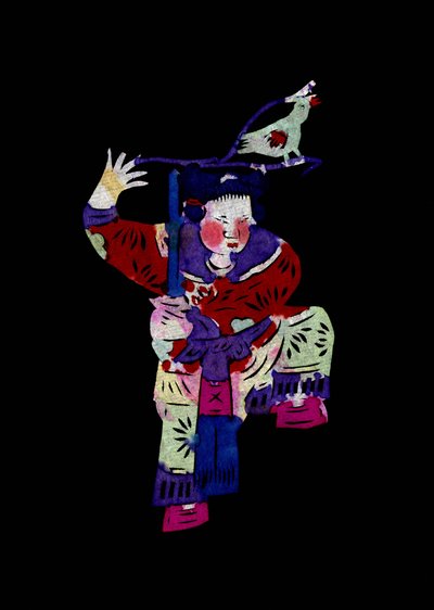 Personagem feminina segurando uma espada com um pássaro. Corte de papel pintado ou "Jian Zhi", arte popular chinesa, Pekin. de School Chinese