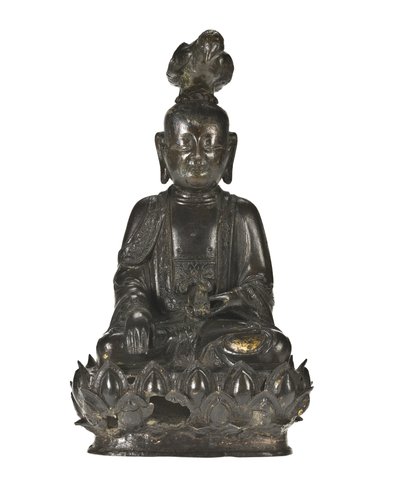 Figura de Guanyin, a deusa chinesa da misericórdia sentada numa base de desenho de lótus com um corvo empoleirado na cabeça e um coelho a descansar na mão esquerda de School Chinese