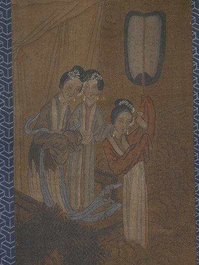 Cinco mulheres numa procissão (tinta e cor sobre seda) de School Chinese