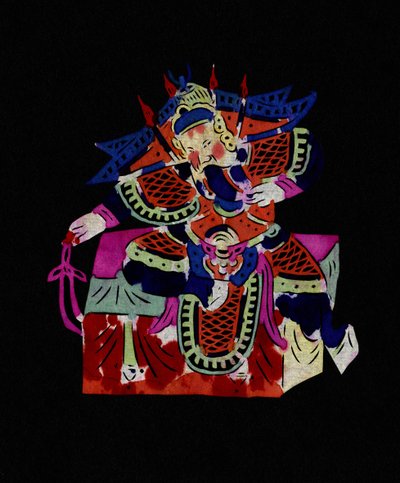 Personagem masculino da Ópera de Pekin com máscara. Recorte de papel pintado ou "Jian Zhi", arte popular chinesa, Pekin. de School Chinese