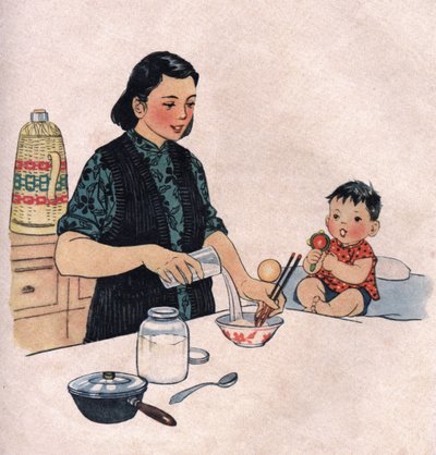 A mãe a preparar uma refeição para o bebé. Ilustração, em "Comment mieux nourish nos enfants", Edição Le Journal de la Sante, Pekin de School Chinese