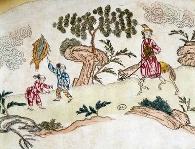 Mulher nobre a cavalo e crianças a brincar de papagaio - Chinese print, circa 1800 de School Chinese