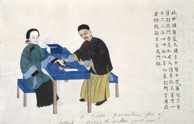 Ou 11539 fol.89v Tomando o pulso, de um álbum de cenas da vida na China (aguarela sobre papel) de School Chinese