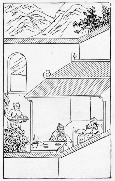 Pintura de flores azuis em vasos, a partir de uma série de ilustrações sobre o fabrico de porcelana (litho) (ver 384116 & 384117 para séries inteiras) de School Chinese