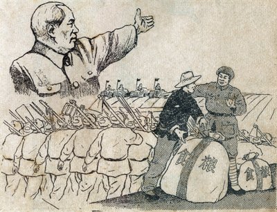O Presidente Mao (1893-1976) mostrando o caminho da agricultura moderna aos camponeses chineses. Ilustração de propaganda, em "Satirical Drawings", Pekin de School Chinese