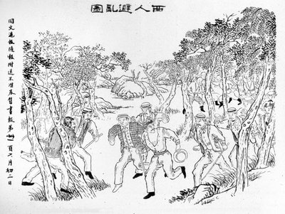 A Rebelião Boxer: Europeus de frente para os Boxers. Ilustração publicada no jornal Shanghai Toung-Ouen-Hou-Pao.1899 aproximadamente. de School Chinese