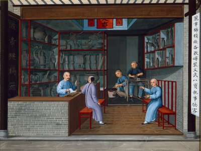 Venda de utensílios de metal para tuttenage, c.1825 (guache sobre papel) de School Chinese