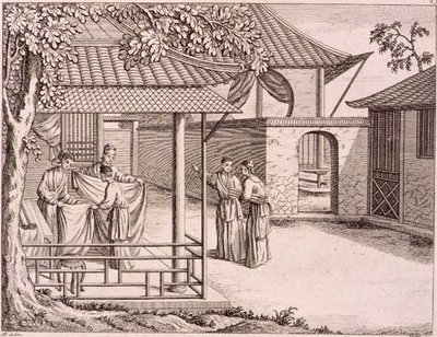 "Vender a seda depois de tecida", China, final do século XVIII (xilogravura) de School Chinese
