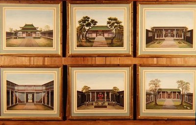 Conjunto de Seis Pavilhões Chineses e Cenas do Pátio, c.1780 (aguarela) de School Chinese