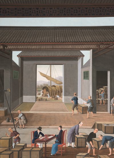 Produção de chá, c. 1820 (aguarela e tinta dourada sobre seda aplicada sobre papel) de School Chinese