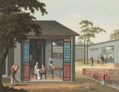 Produção de chá, c. 1820 (aguarela e tinta dourada sobre seda aplicada sobre papel) de School Chinese