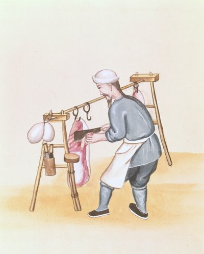 The Meat Seller, de um livro sobre as chamadas de rua de Pequim, c.1785 (aguarela e guache em papel) de School Chinese