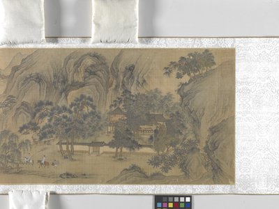 Travellers In A Riverside Village, data desconhecida (tinta e cor sobre seda) de School Chinese
