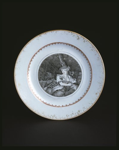 Prato branco rodeado de ouro e vermelho com mulher (porcelana) de School Chinese