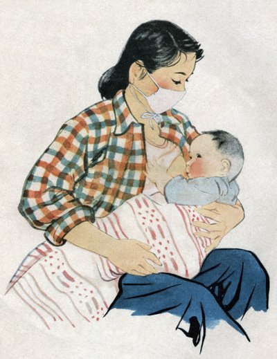 Jovem mãe a amamentar o seu bebé. Ilustração, em "Comment mieux nourish nos enfants", Edição Le Journal de la Sante, Pekin de School Chinese