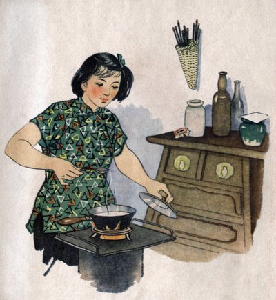 Jovem mãe a preparar comida para o seu filho. Ilustração, em "Comment mieux nourish nos enfants", Edição Le Journal de la Sante, Pekin de School Chinese