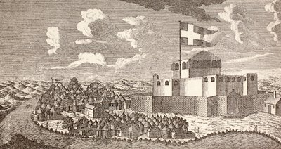 Forte colonial dinamarquês de Fredensborg, Ningo, Gana, tal como era em 1760, de "Afrika, dets Opdagelse, Erobring og Kolonisation", publicado em 1901 em Copenhaga (litografia) de School Danish