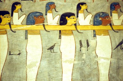 Antigo Egipto, Pintura, Deuses do submundo amarrados a Hathor, vaca divina, rebocando a barca solar, Túmulo de Ramsés I, Tebas de School Egyptian