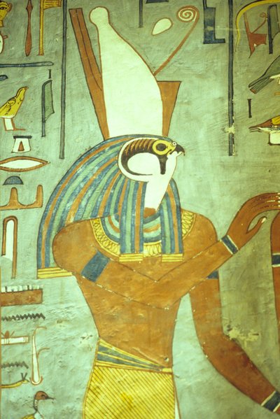 Antigo Egipto, Pintura, Hórus, Deus com cabeça de falcão, Deus dos reis, Túmulo de Ramsés I, Tebas de School Egyptian