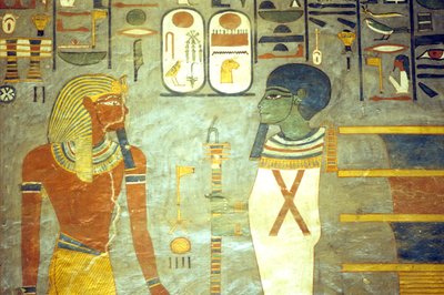 Antigo Egipto, Pintura, Ramsés I perante Ptah, atrás do qual se encontra um pilar djed, Túmulo de Ramsés I, Tebas de School Egyptian