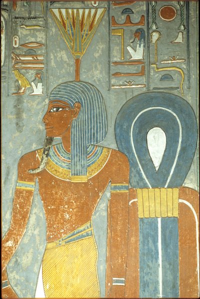 Antigo Egipto, Pintura, Túmulo de Horemheb, Tebas 18ª dinastia, Deus Nefertum e Nó de Ísis, Nefertum ou Nefertem com um toucado de nenúfar ou lótus (foto) de School Egyptian