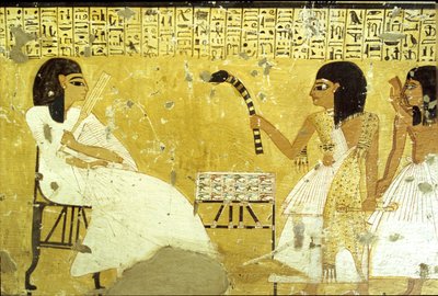 Antigo Egipto, Túmulo de Inherkhau, Tebas, Inherkhau perante os seus filhos desempenhando funções de sacerdote, Vestindo uma pele de leopardo, Pintura mural, Vale dos Nobres, 20ª dinastia (foto) de School Egyptian