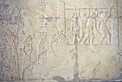 Egipto antigo, Entalhe/pintura mural, Túmulo de Petosiris, Tuna el Gebel, 300 a.C., Vindima, Fabrico de vinho, Lagar (foto) de School Egyptian