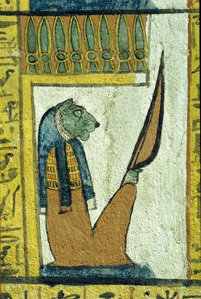 Antigo Egipto, Pintura mural, Deus do submundo com cabeça de leão, Túmulo de Sennedjem, Tebas, Deir el Medina de School Egyptian