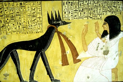 Antigo Egipto, Pintura mural Túmulo de Inherkhau, Tebas, Túmulo dos Nobres, 20ª dinastia, Inherkhau adorando os deuses chacais (foto) de School Egyptian